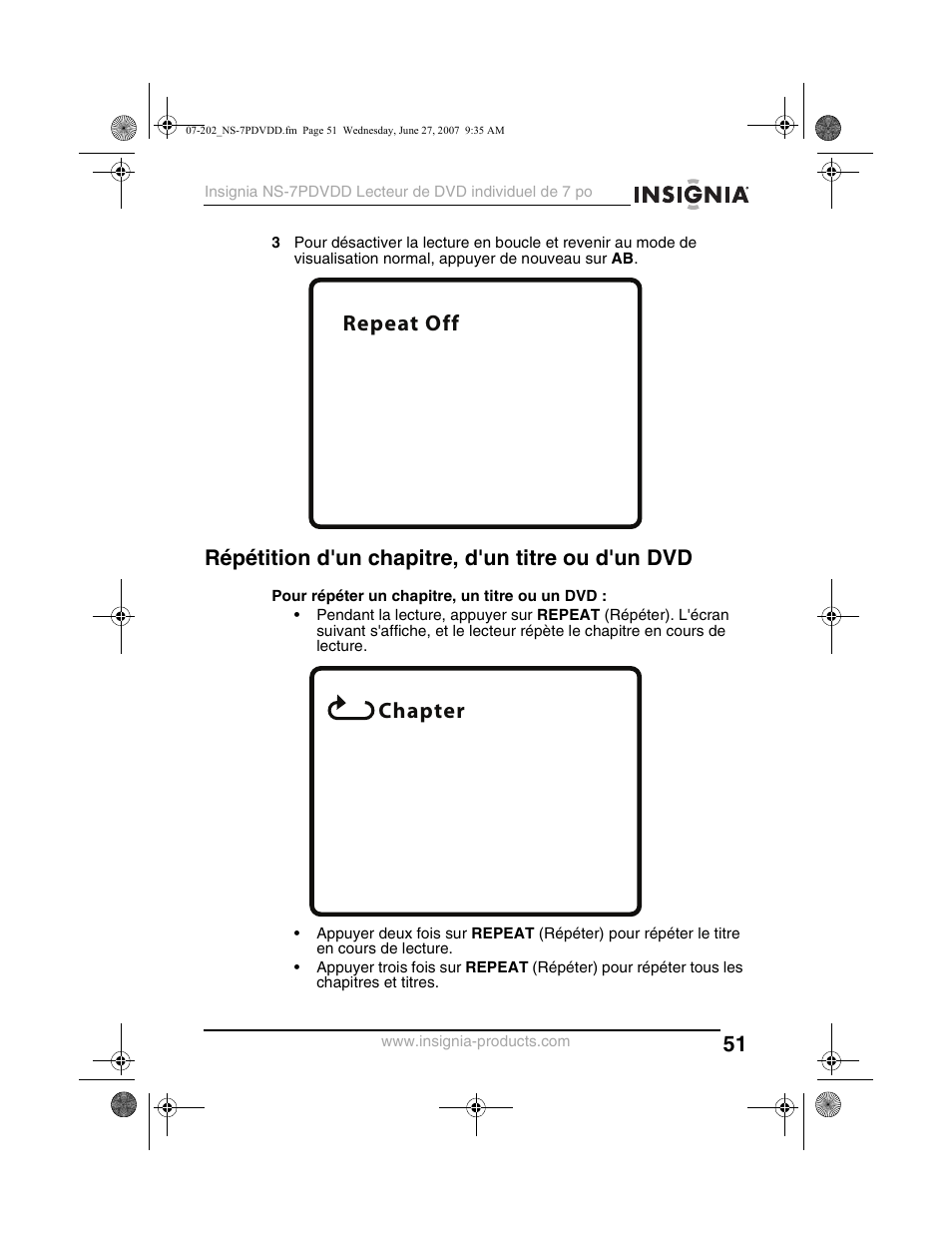 Repeat off chapter, Répétition d'un chapitre, d'un titre ou d'un dvd | Insignia NS-7PDVDD User Manual | Page 51 / 100