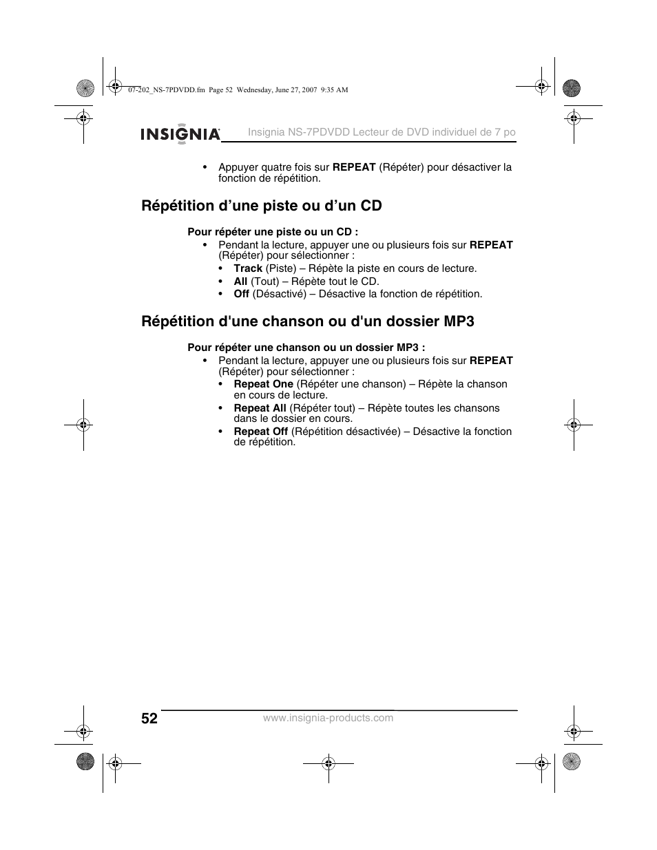 Répétition d’une piste ou d’un cd, Répétition d'une chanson ou d'un dossier mp3 | Insignia NS-7PDVDD User Manual | Page 52 / 100