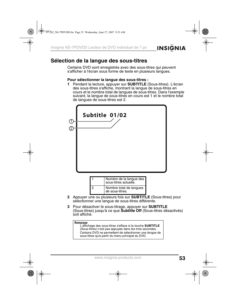 Subtitle 01/02, Sélection de la langue des sous-titres | Insignia NS-7PDVDD User Manual | Page 53 / 100