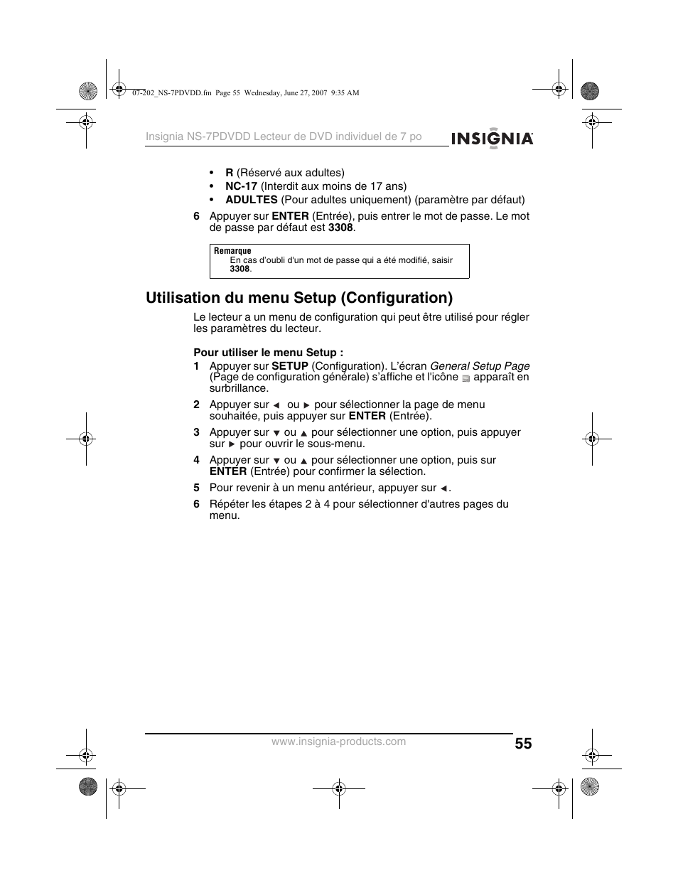 Utilisation du menu setup (configuration) | Insignia NS-7PDVDD User Manual | Page 55 / 100