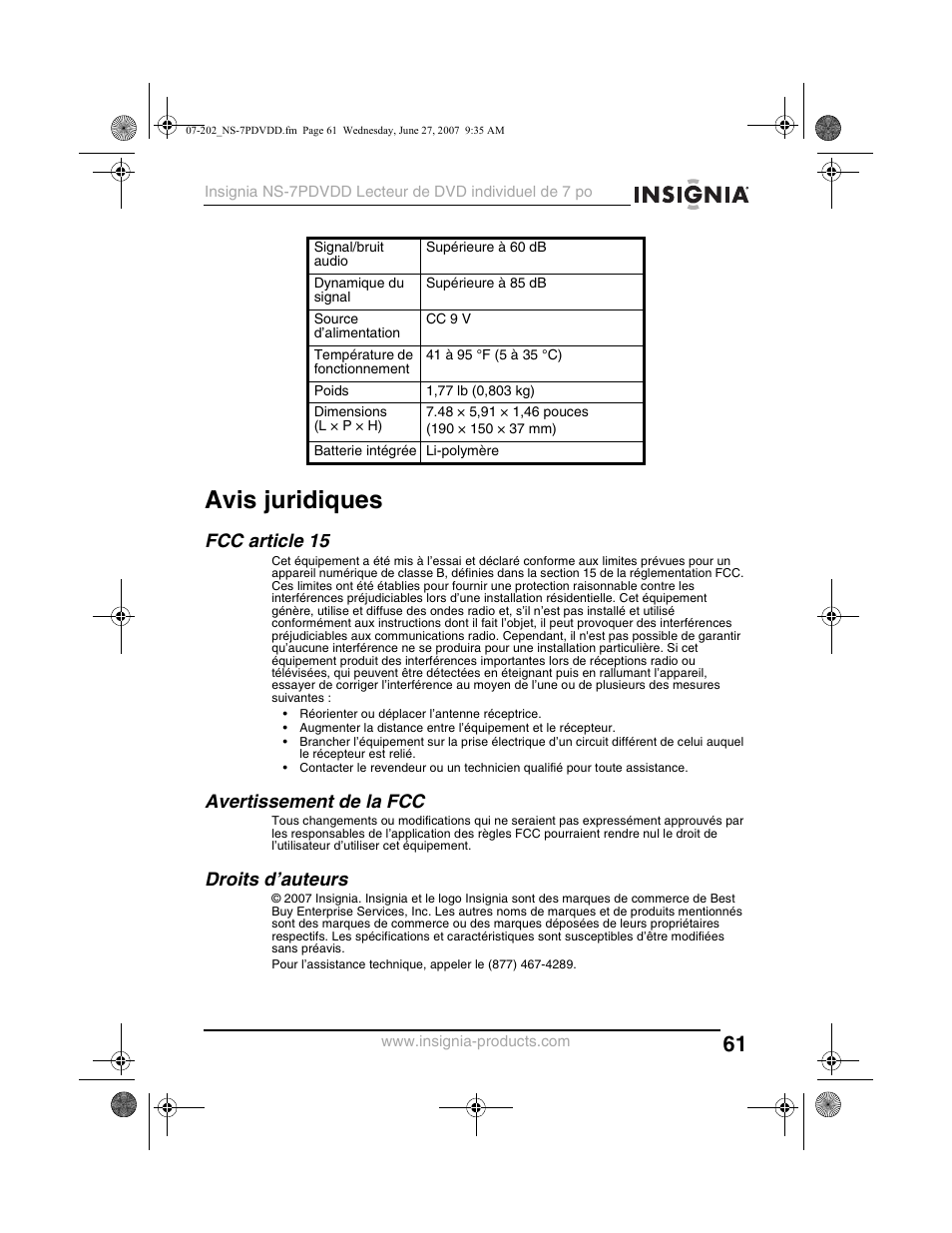 Avis juridiques, Fcc article 15, Avertissement de la fcc | Droits d’auteurs | Insignia NS-7PDVDD User Manual | Page 61 / 100