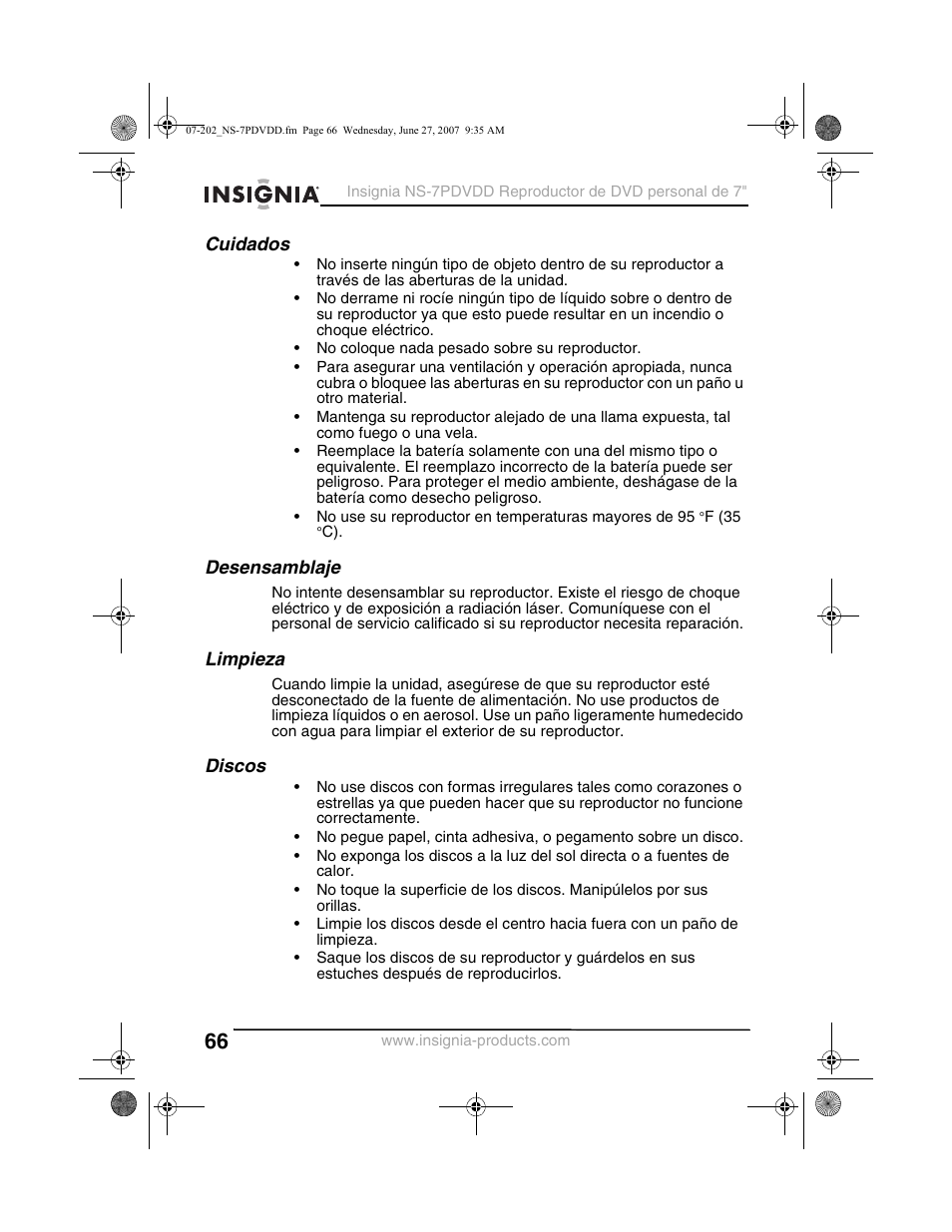 Cuidados, Desensamblaje, Limpieza | Discos | Insignia NS-7PDVDD User Manual | Page 66 / 100