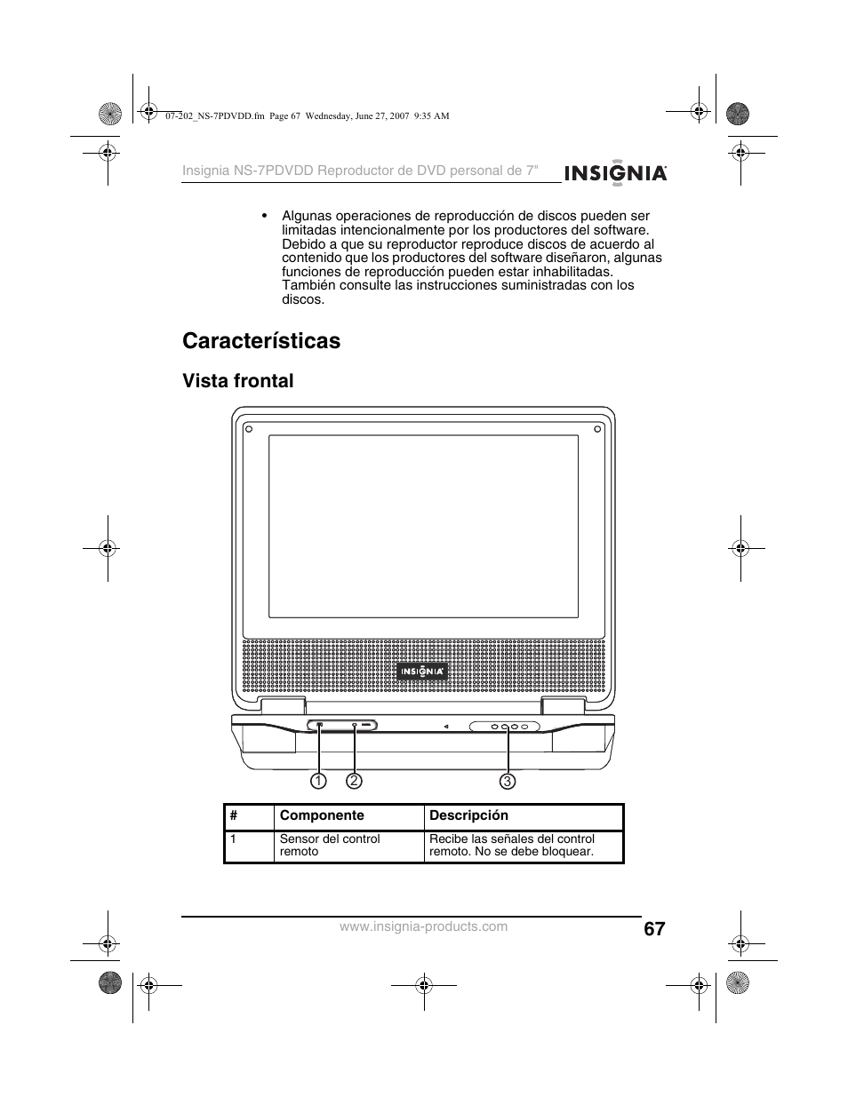 Características, Vista frontal | Insignia NS-7PDVDD User Manual | Page 67 / 100