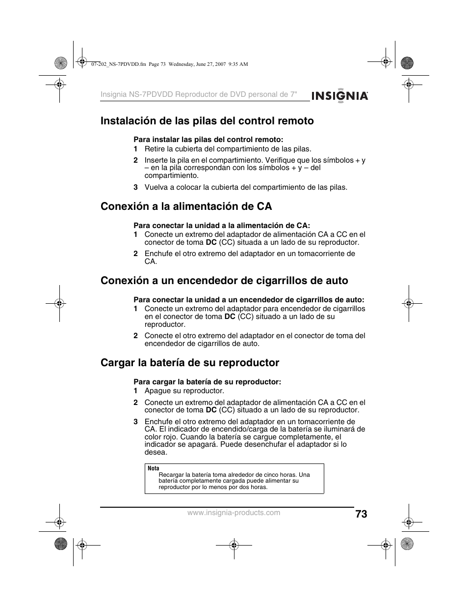 Instalación de las pilas del control remoto, Conexión a la alimentación de ca, Conexión a un encendedor de cigarrillos de auto | Cargar la batería de su reproductor | Insignia NS-7PDVDD User Manual | Page 73 / 100