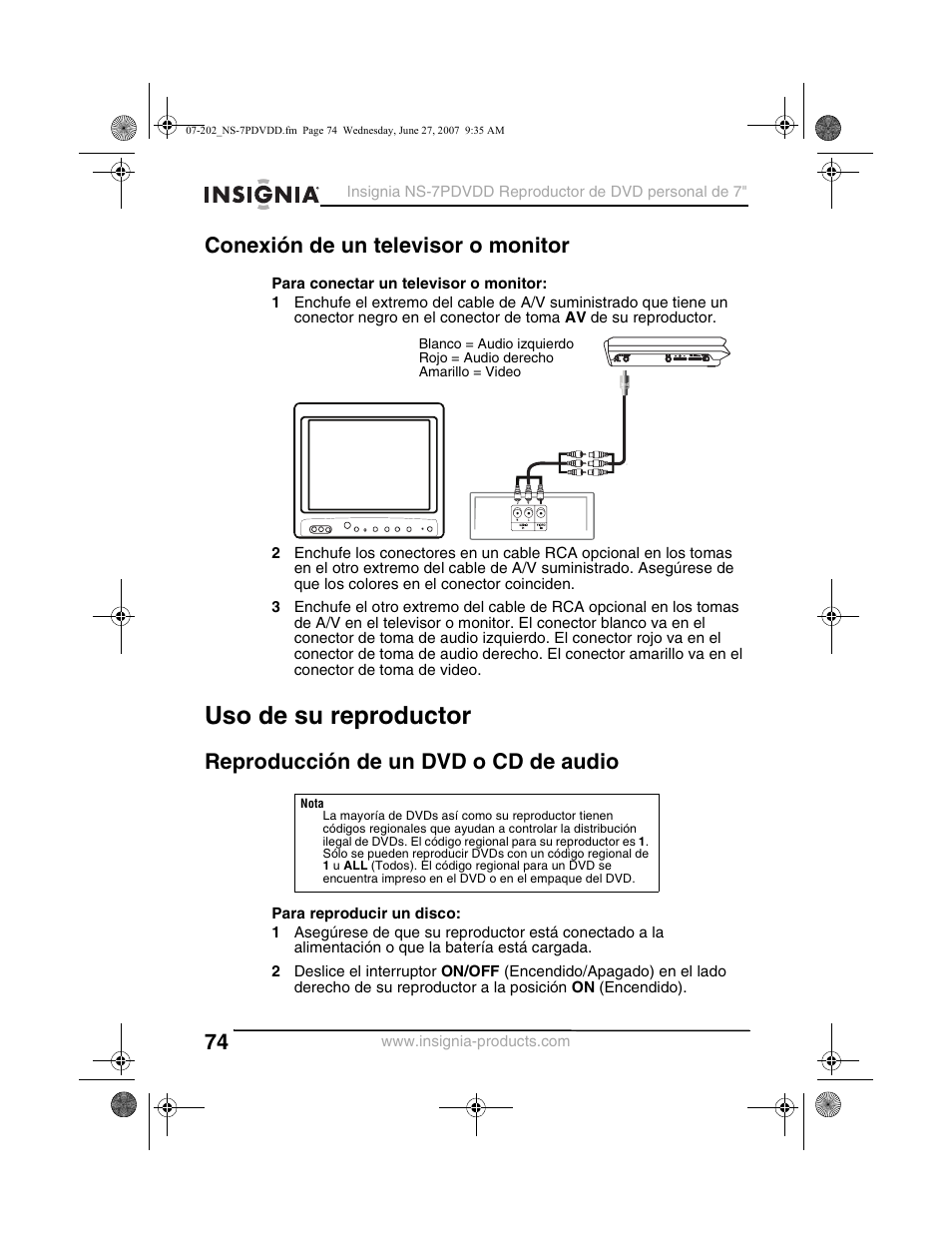 Uso de su reproductor, Conexión de un televisor o monitor, Reproducción de un dvd o cd de audio | Insignia NS-7PDVDD User Manual | Page 74 / 100
