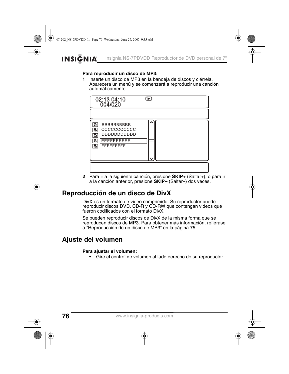 Reproducción de un disco de divx, Ajuste del volumen | Insignia NS-7PDVDD User Manual | Page 76 / 100