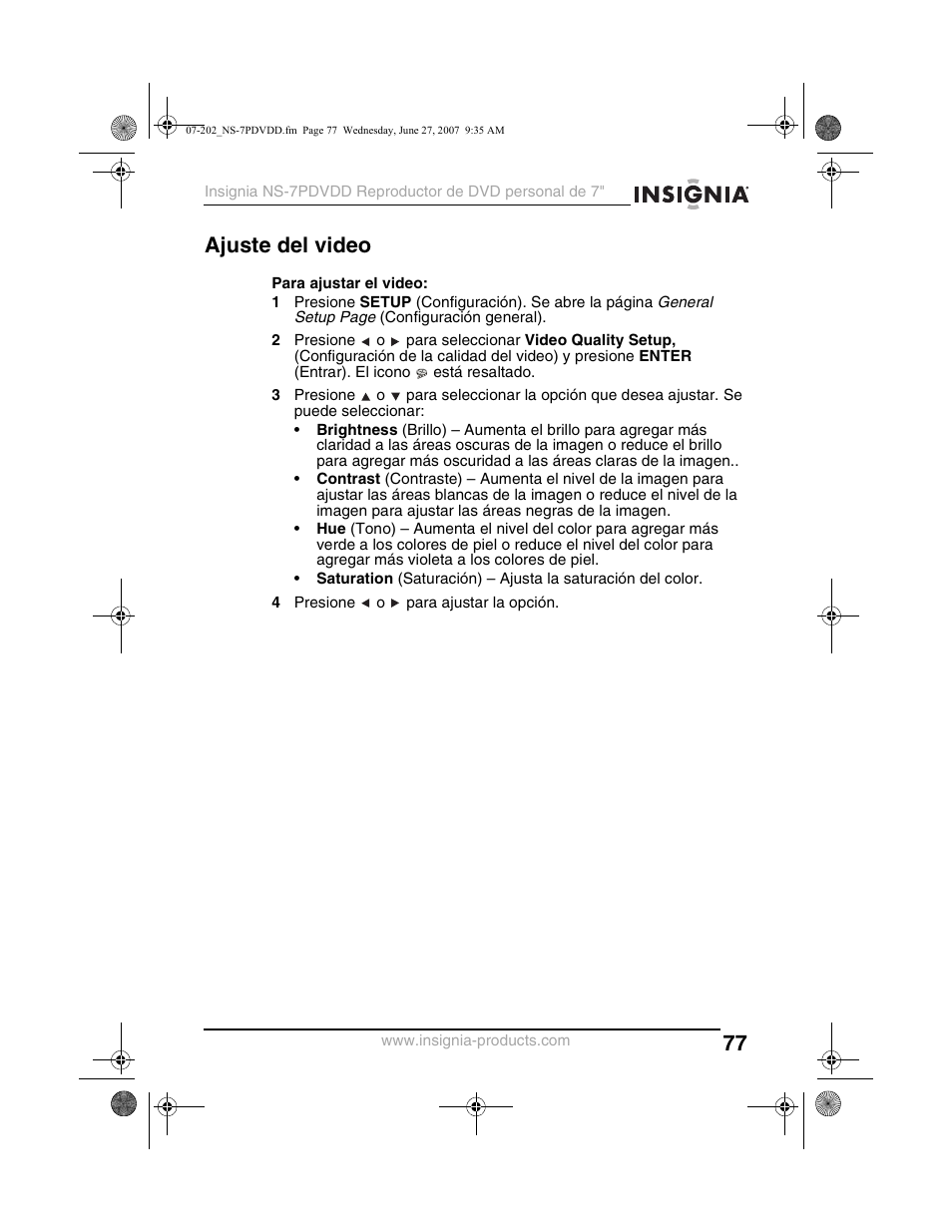 Ajuste del video | Insignia NS-7PDVDD User Manual | Page 77 / 100