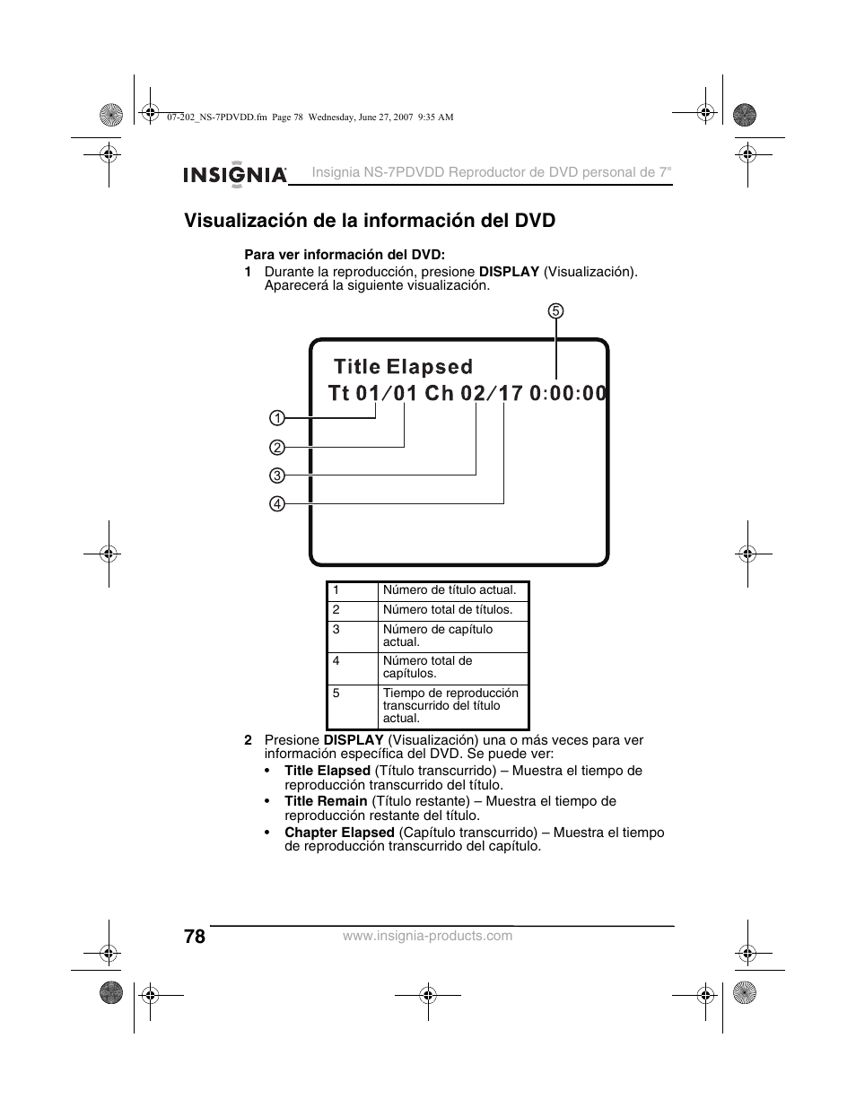 Visualización de la información del dvd | Insignia NS-7PDVDD User Manual | Page 78 / 100