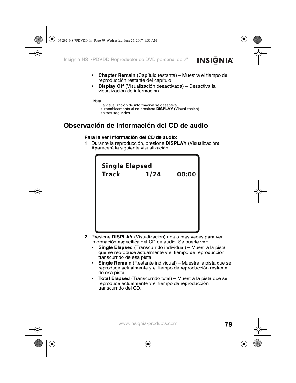 Observación de información del cd de audio | Insignia NS-7PDVDD User Manual | Page 79 / 100