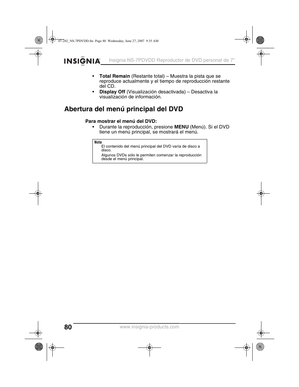 Abertura del menú principal del dvd | Insignia NS-7PDVDD User Manual | Page 80 / 100