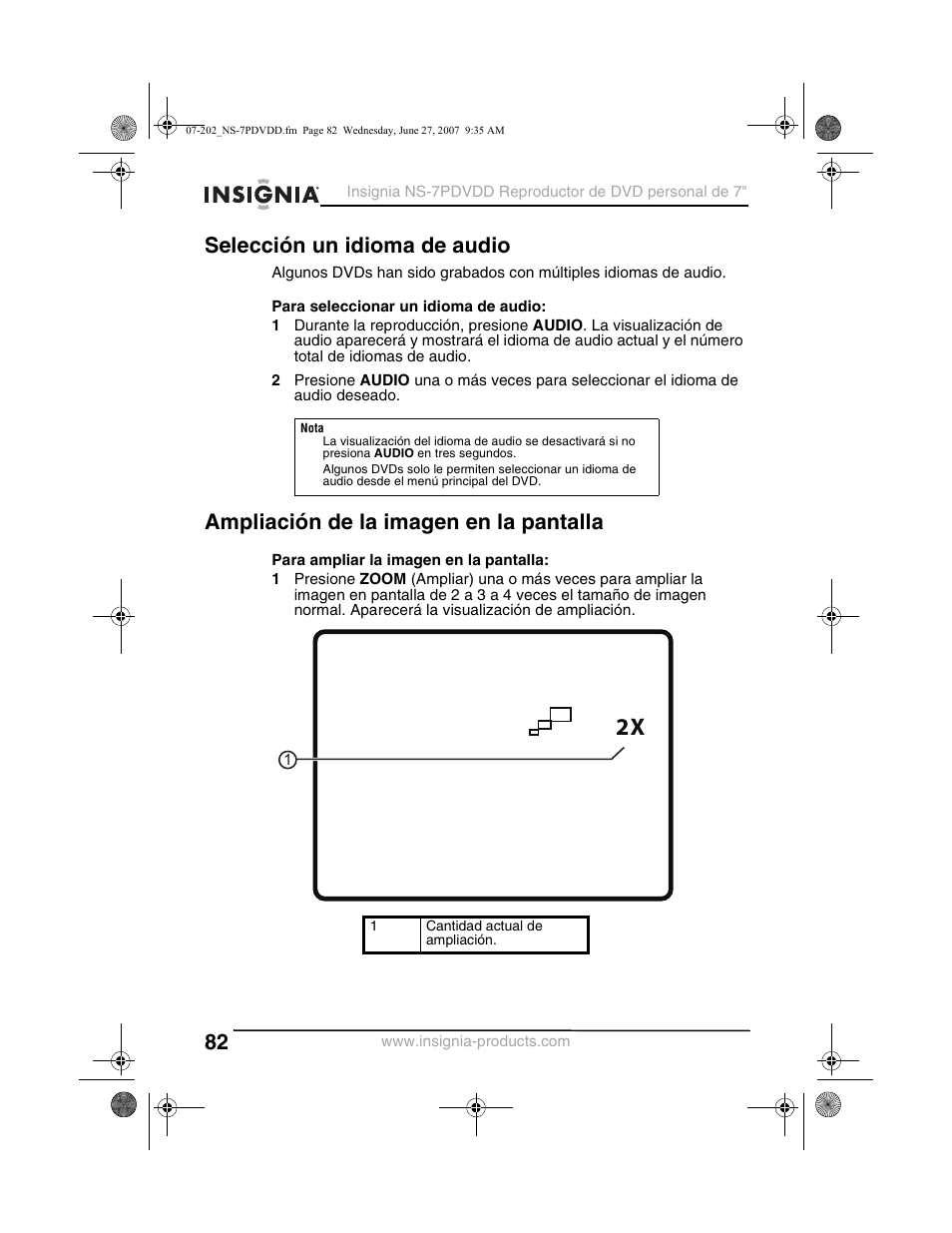 Selección un idioma de audio, Ampliación de la imagen en la pantalla | Insignia NS-7PDVDD User Manual | Page 82 / 100