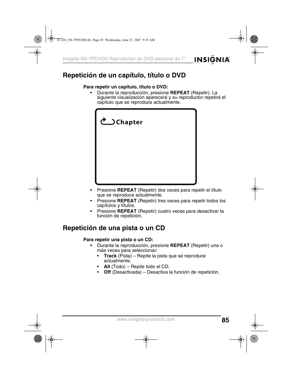 Chapter, Repetición de un capítulo, título o dvd, Repetición de una pista o un cd | Insignia NS-7PDVDD User Manual | Page 85 / 100