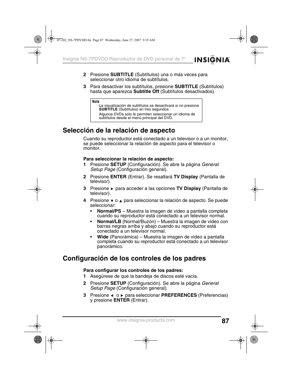 Selección de la relación de aspecto, Configuración de los controles de los padres | Insignia NS-7PDVDD User Manual | Page 87 / 100