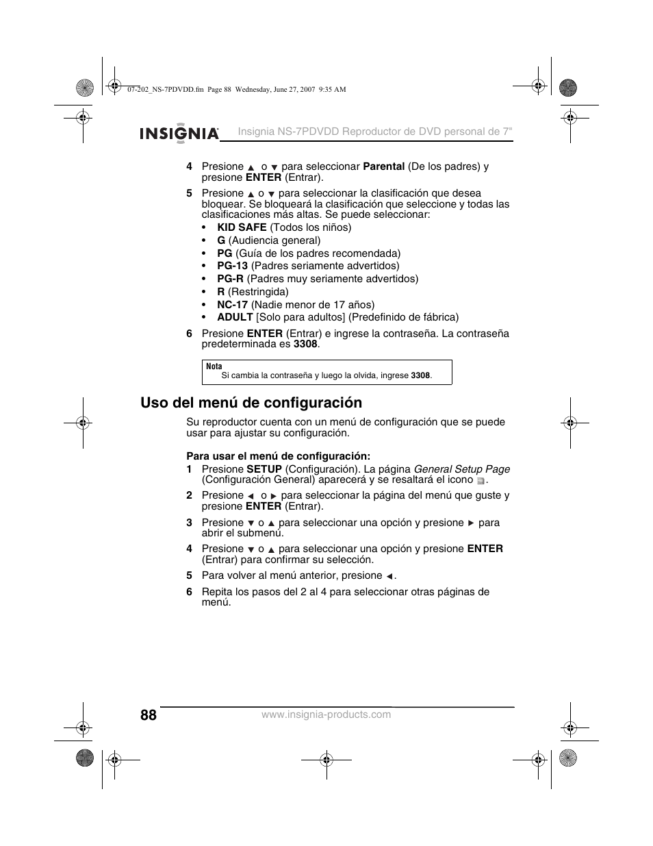 Uso del menú de configuración | Insignia NS-7PDVDD User Manual | Page 88 / 100