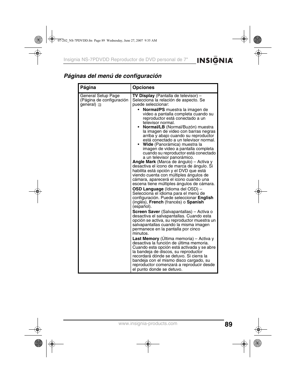 Páginas del menú de configuración | Insignia NS-7PDVDD User Manual | Page 89 / 100