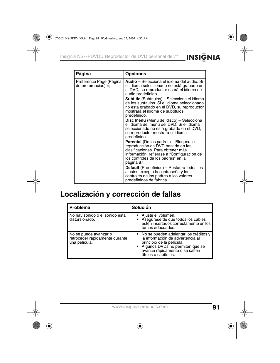 Localización y corrección de fallas | Insignia NS-7PDVDD User Manual | Page 91 / 100