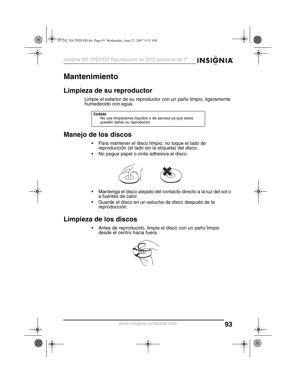 Mantenimiento, Limpieza de su reproductor, Manejo de los discos | Limpieza de los discos | Insignia NS-7PDVDD User Manual | Page 93 / 100