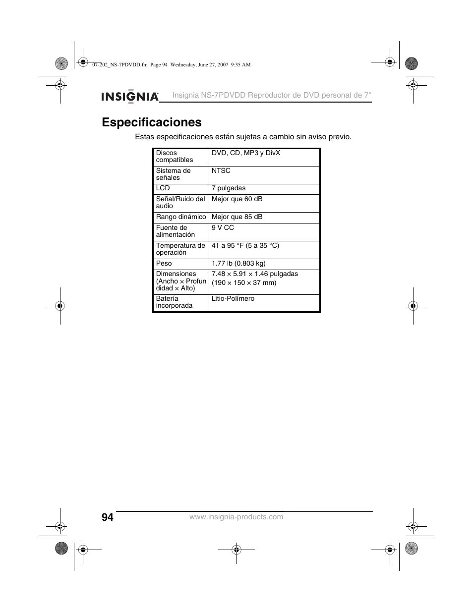 Especificaciones | Insignia NS-7PDVDD User Manual | Page 94 / 100
