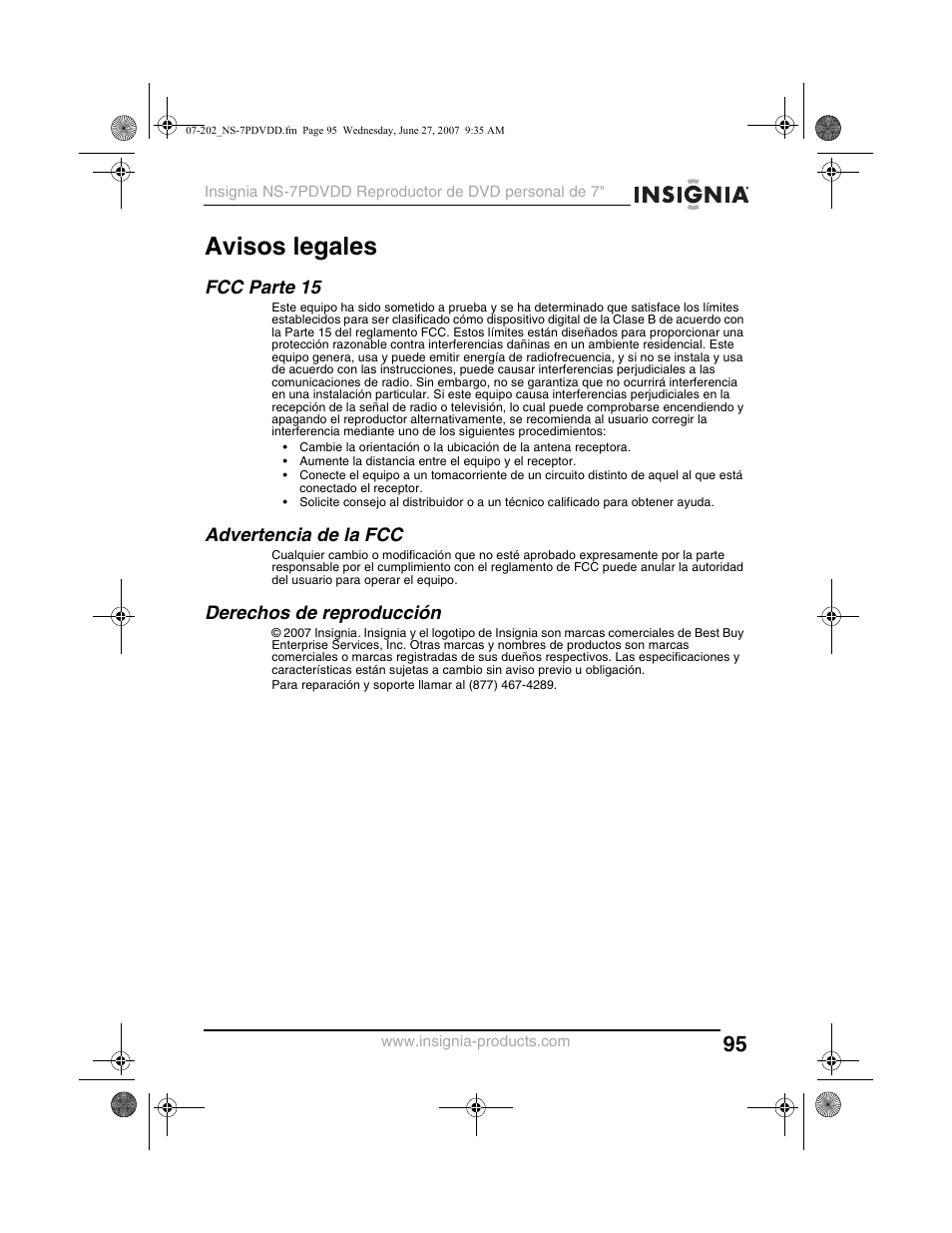 Avisos legales, Fcc parte 15, Advertencia de la fcc | Derechos de reproducción | Insignia NS-7PDVDD User Manual | Page 95 / 100