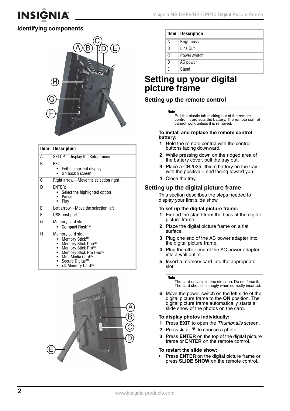 Identifying components, Setting up your digital picture frame, Setting up the remote control | Setting up the digital picture frame, Ab c d e | Insignia NS-DPF8 User Manual | Page 4 / 14