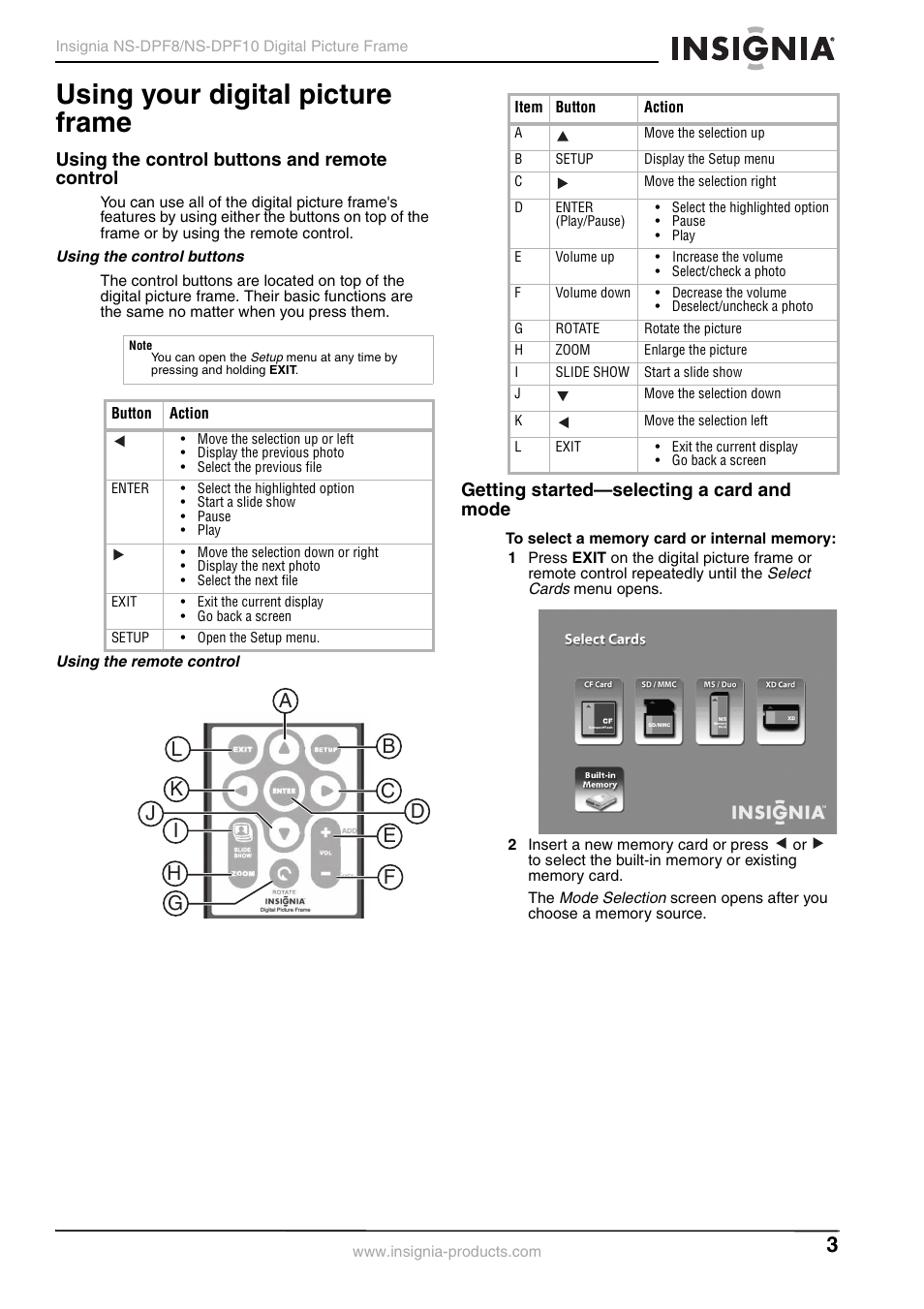 Using your digital picture frame, Using the control buttons and remote control, Using the control buttons | Using the remote control, Getting started—selecting a card and mode | Insignia NS-DPF8 User Manual | Page 5 / 14