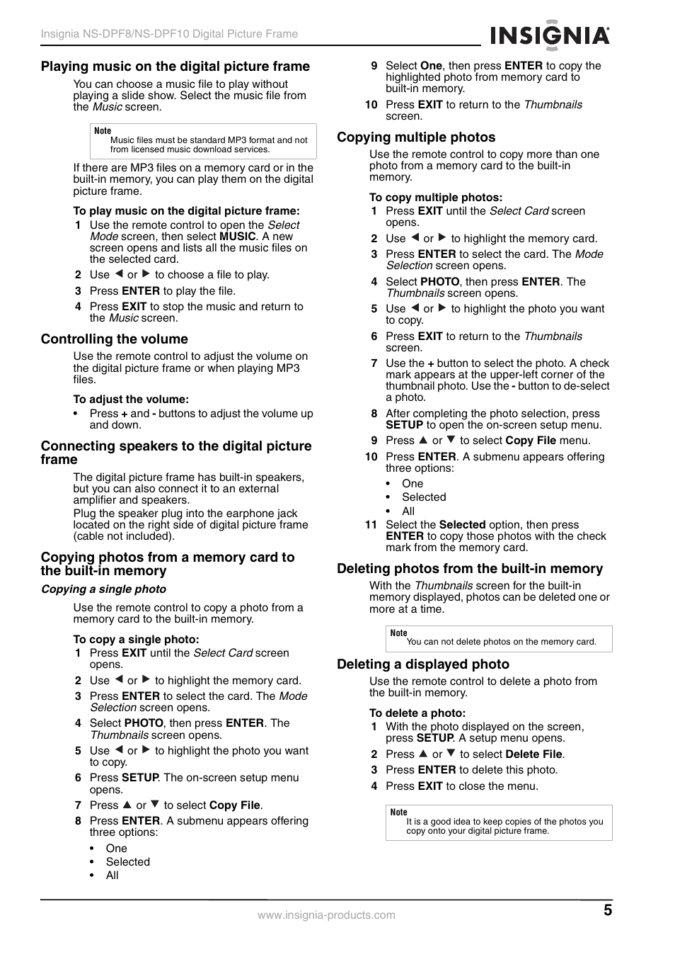Playing music on the digital picture frame, Controlling the volume, Connecting speakers to the digital picture frame | Copying a single photo, Copying multiple photos, Deleting photos from the built-in memory, Deleting a displayed photo | Insignia NS-DPF8 User Manual | Page 7 / 14