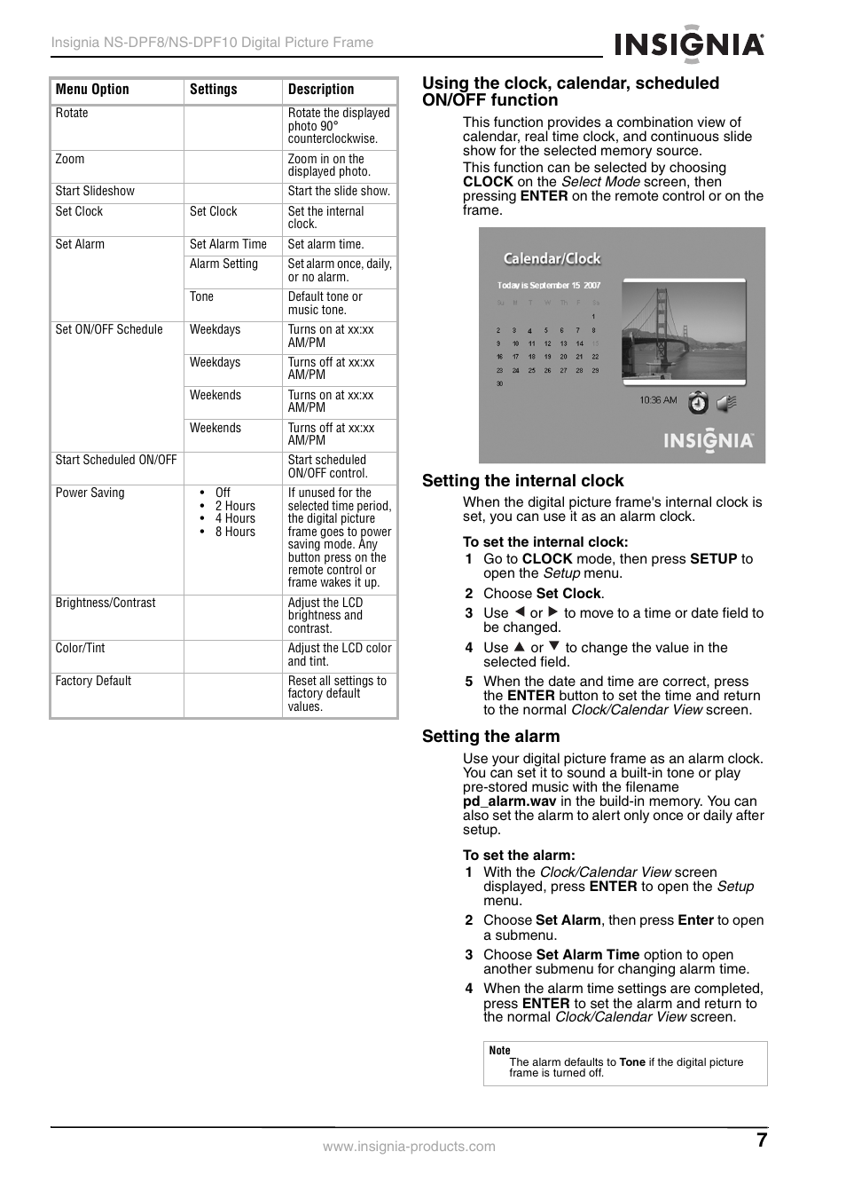 Setting the internal clock, Setting the alarm | Insignia NS-DPF8 User Manual | Page 9 / 14