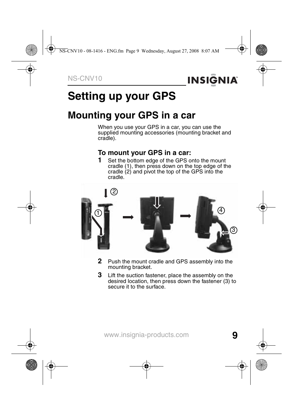 Setting up your gps, Mounting your gps in a car | Insignia NS-CNV10 User Manual | Page 11 / 72