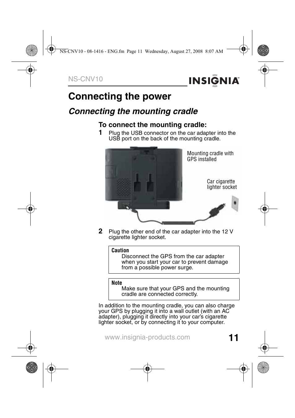 Connecting the power, Connecting the mounting cradle | Insignia NS-CNV10 User Manual | Page 13 / 72