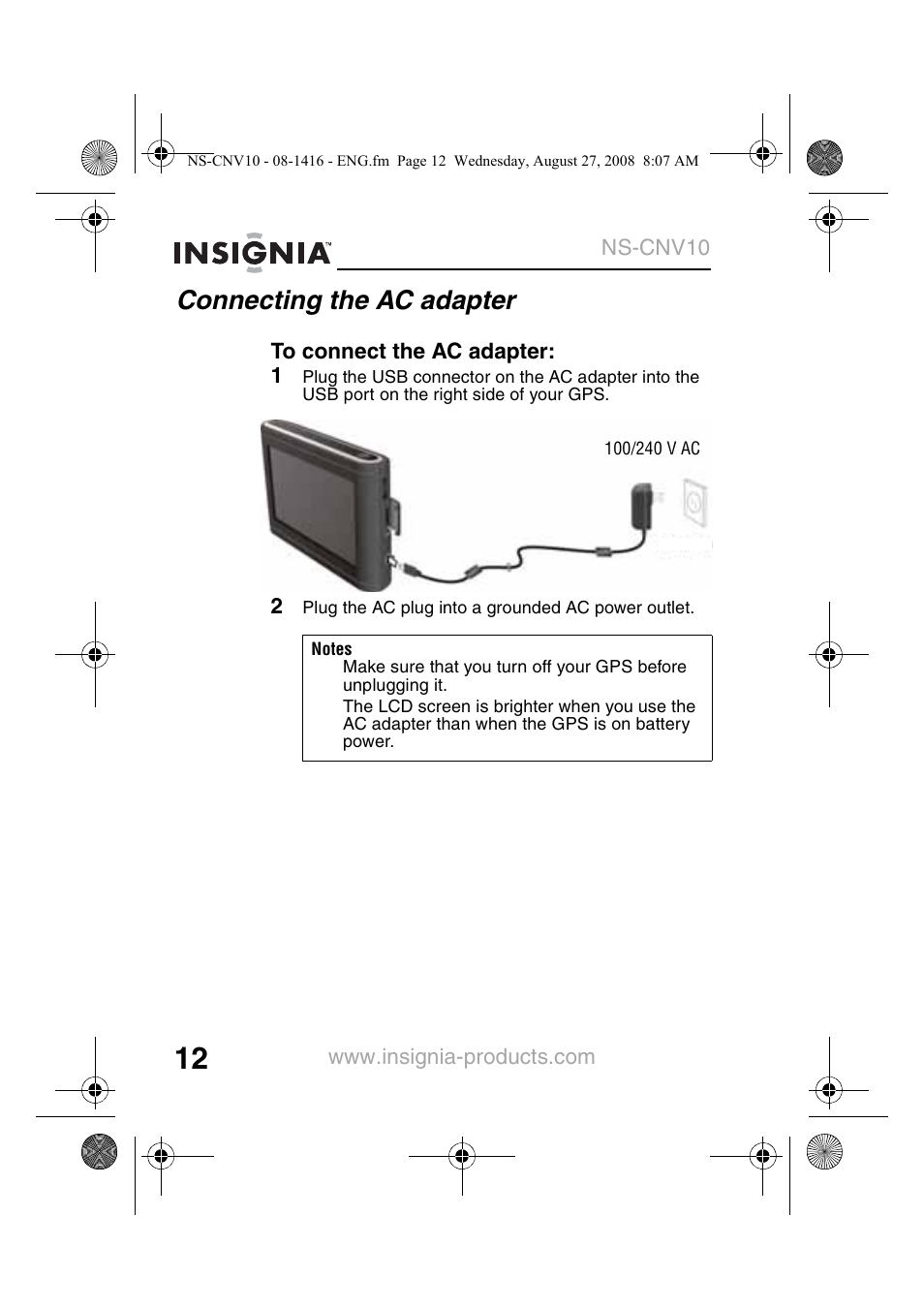 Connecting the ac adapter | Insignia NS-CNV10 User Manual | Page 14 / 72
