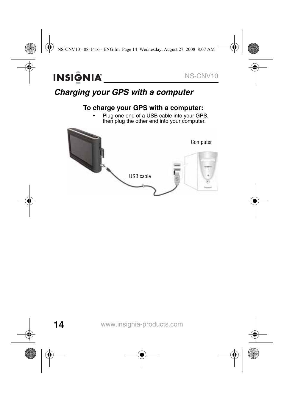 Charging your gps with a computer | Insignia NS-CNV10 User Manual | Page 16 / 72