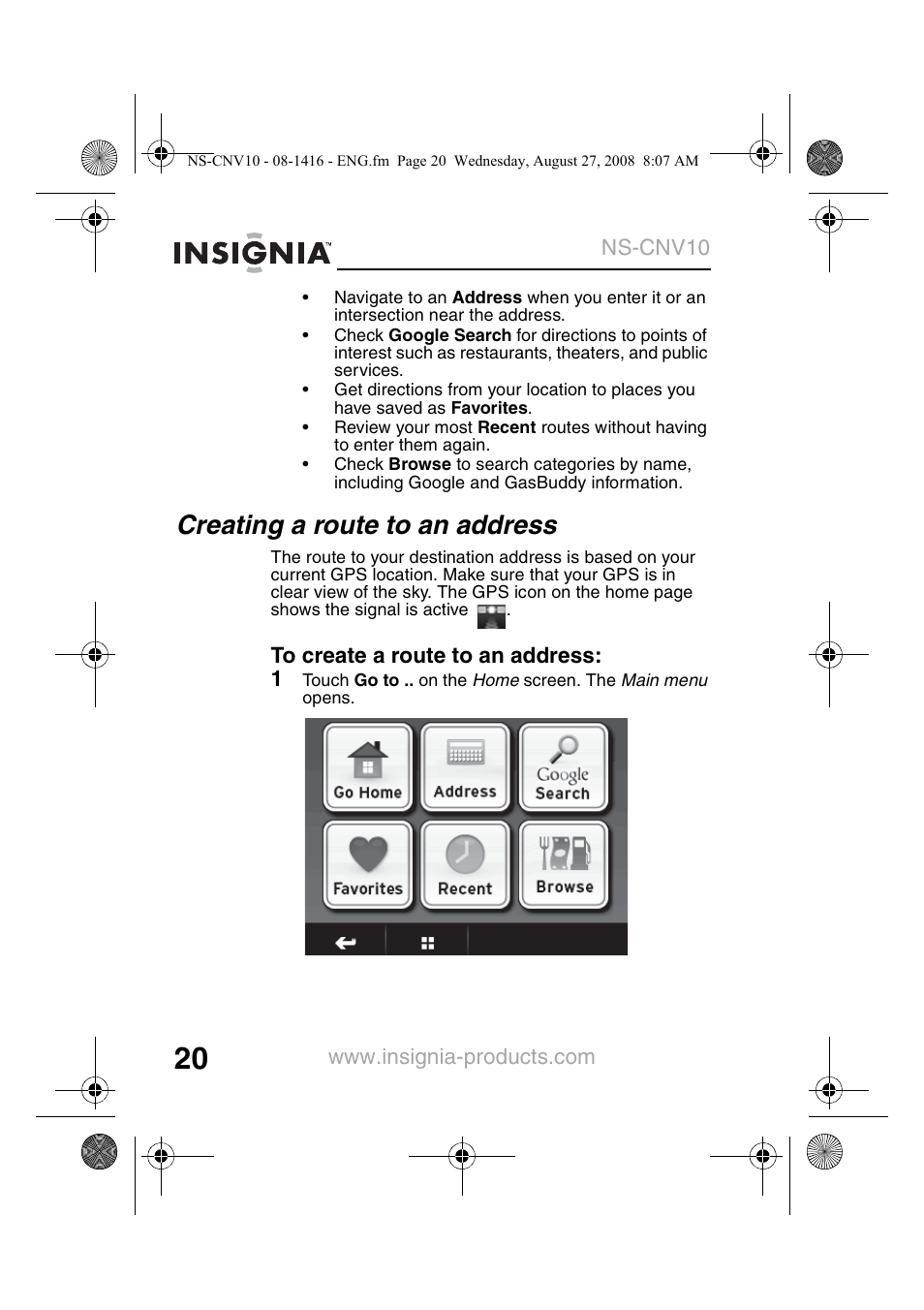 Creating a route to an address | Insignia NS-CNV10 User Manual | Page 22 / 72