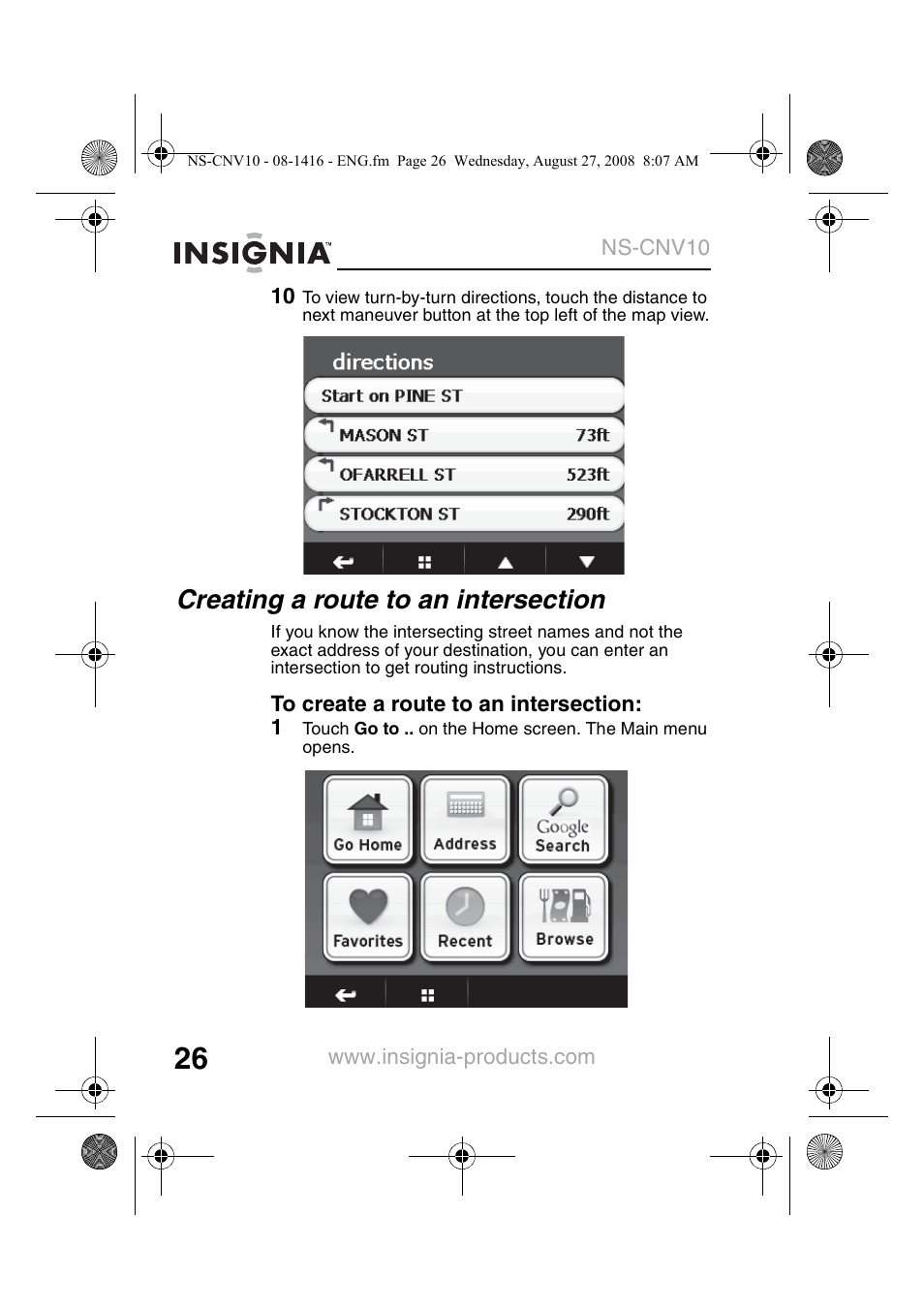 Creating a route to an intersection | Insignia NS-CNV10 User Manual | Page 28 / 72