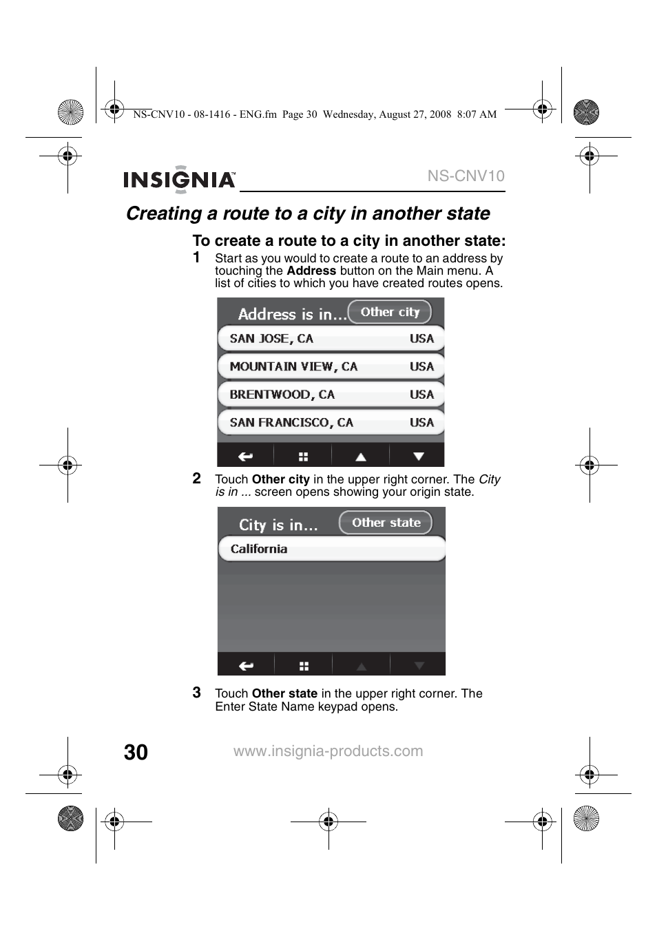 Creating a route to a city in another state | Insignia NS-CNV10 User Manual | Page 32 / 72