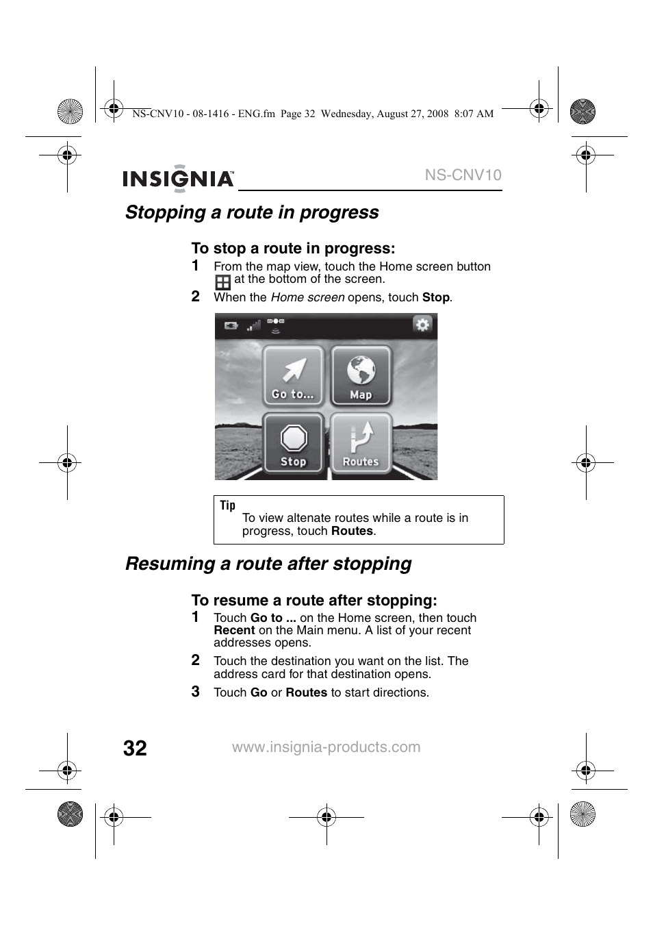 Stopping a route in progress, Resuming a route after stopping | Insignia NS-CNV10 User Manual | Page 34 / 72