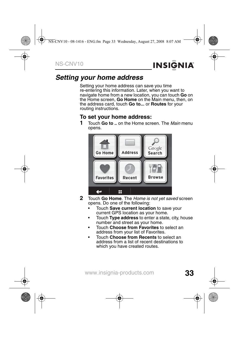 Setting your home address | Insignia NS-CNV10 User Manual | Page 35 / 72