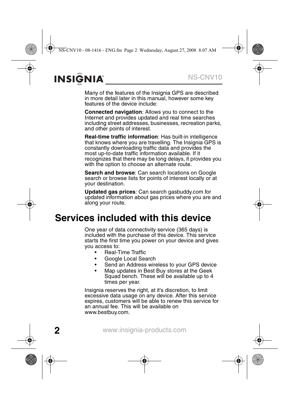 Services included with this device | Insignia NS-CNV10 User Manual | Page 4 / 72