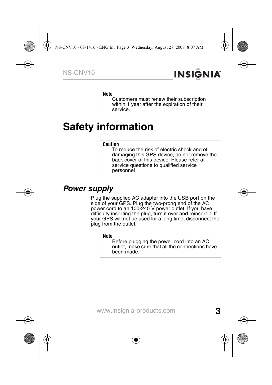 Safety information, Power supply | Insignia NS-CNV10 User Manual | Page 5 / 72
