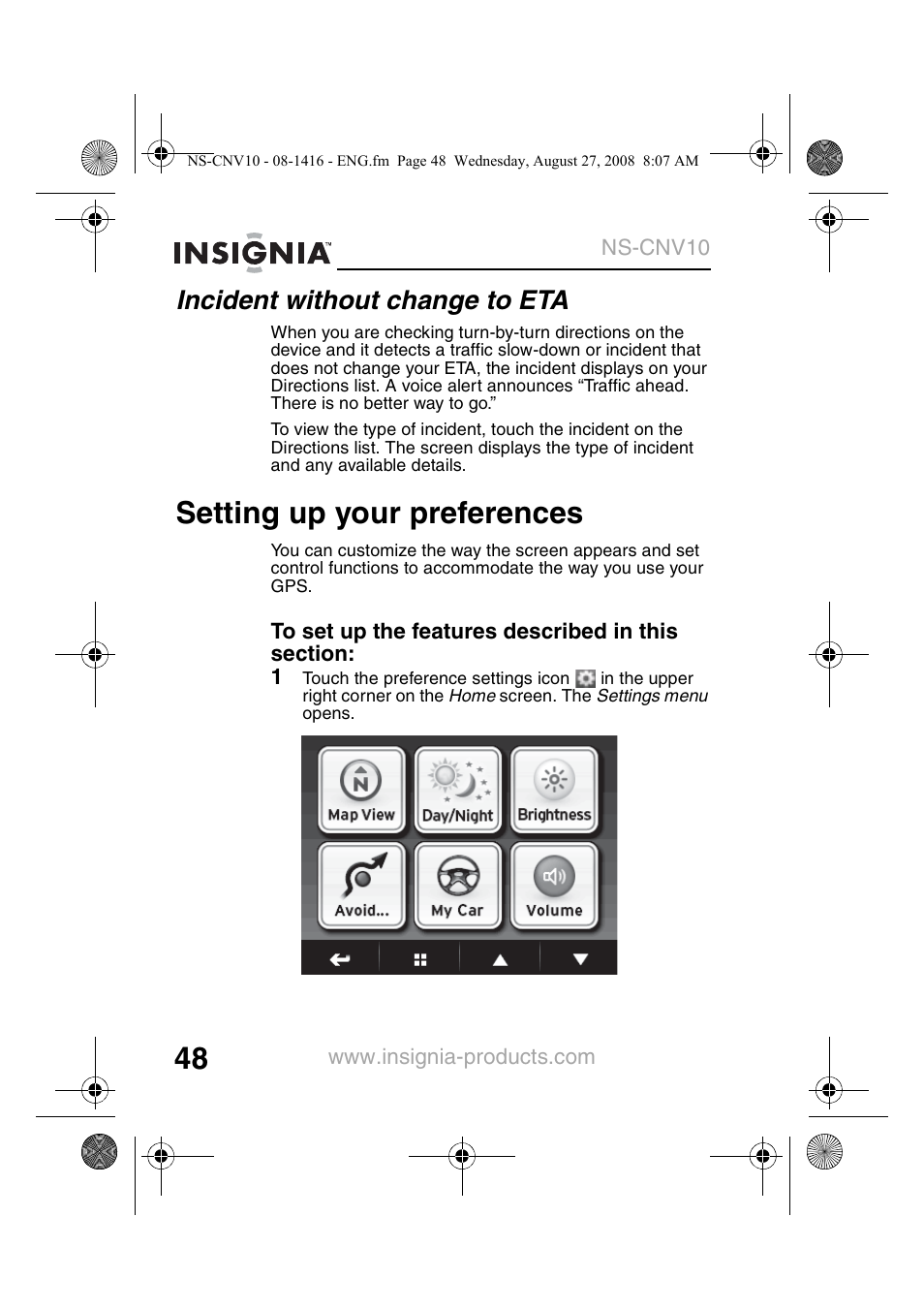 Incident without change to eta, Setting up your preferences | Insignia NS-CNV10 User Manual | Page 50 / 72