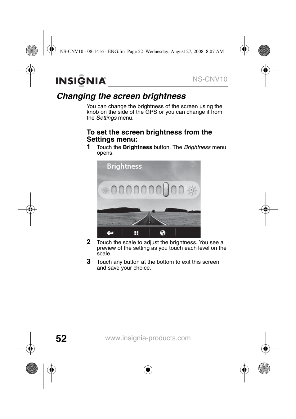 Changing the screen brightness | Insignia NS-CNV10 User Manual | Page 54 / 72