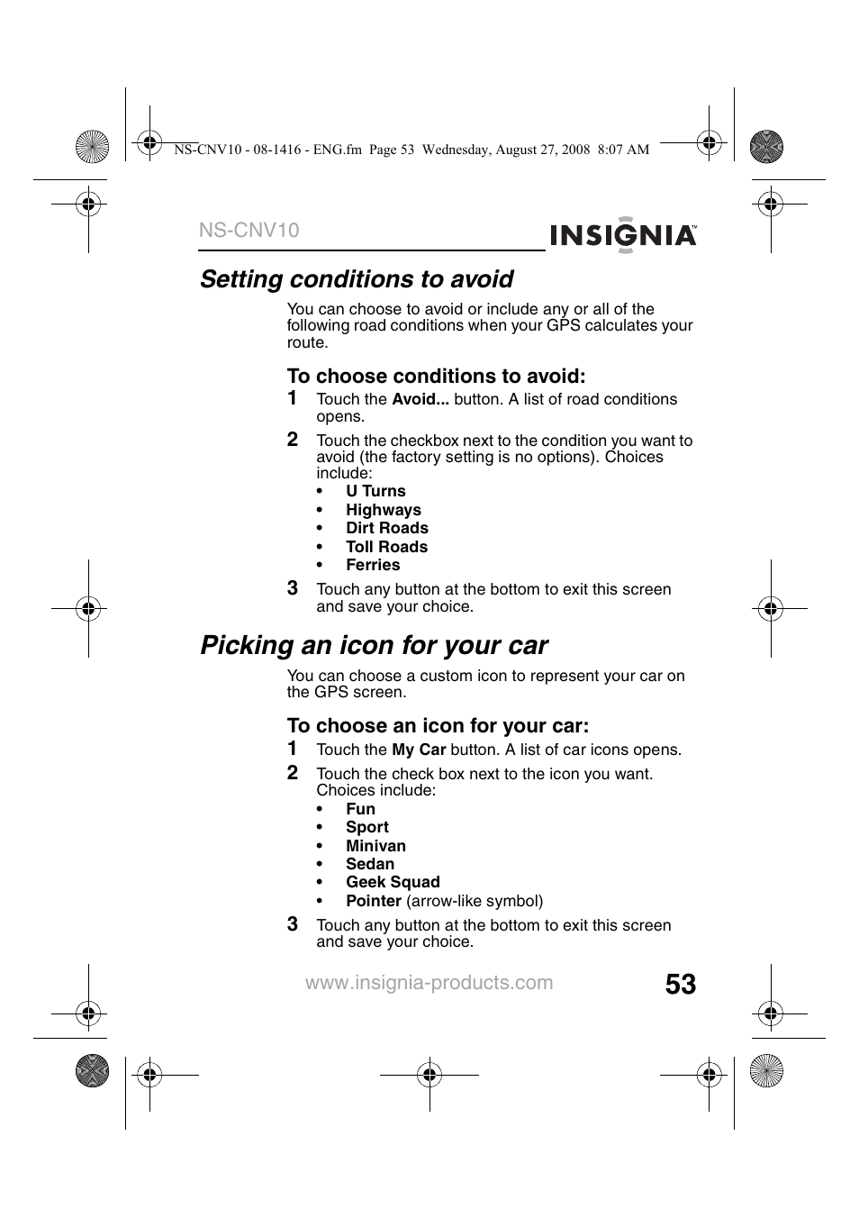 Setting conditions to avoid, Picking an icon for your car | Insignia NS-CNV10 User Manual | Page 55 / 72