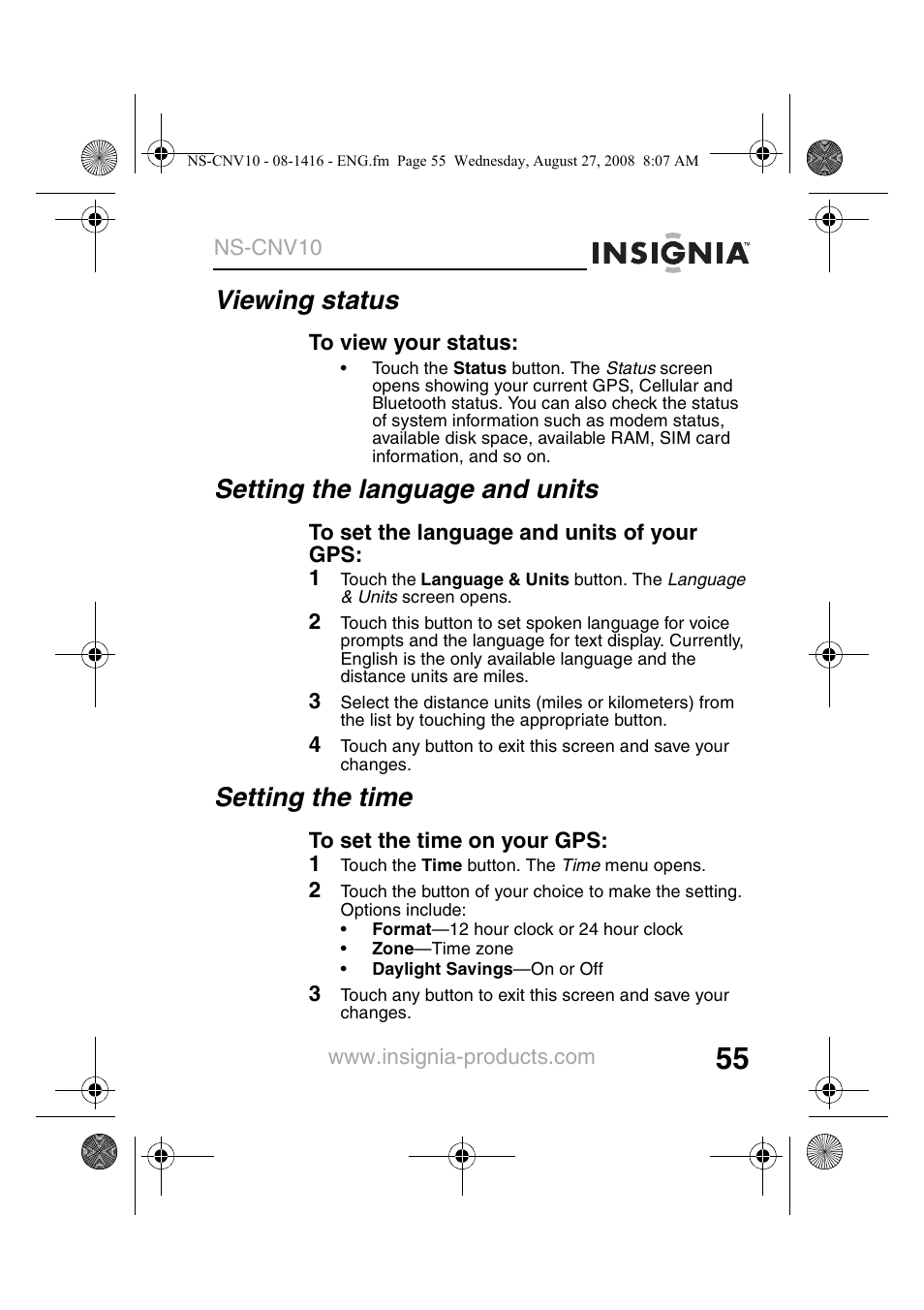 Viewing status, Setting the language and units, Setting the time | Insignia NS-CNV10 User Manual | Page 57 / 72