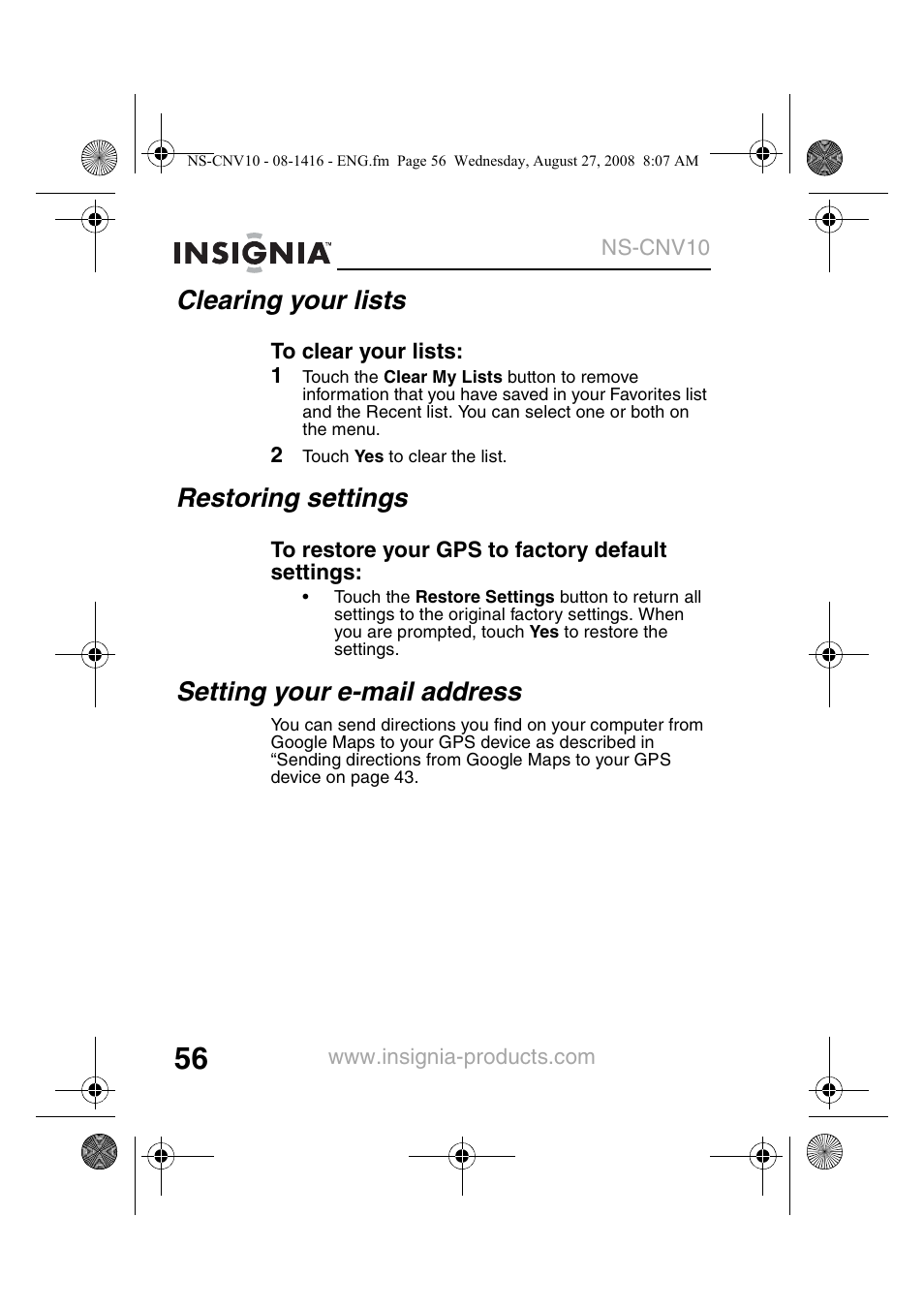 Clearing your lists, Restoring settings, Setting your e-mail address | Insignia NS-CNV10 User Manual | Page 58 / 72