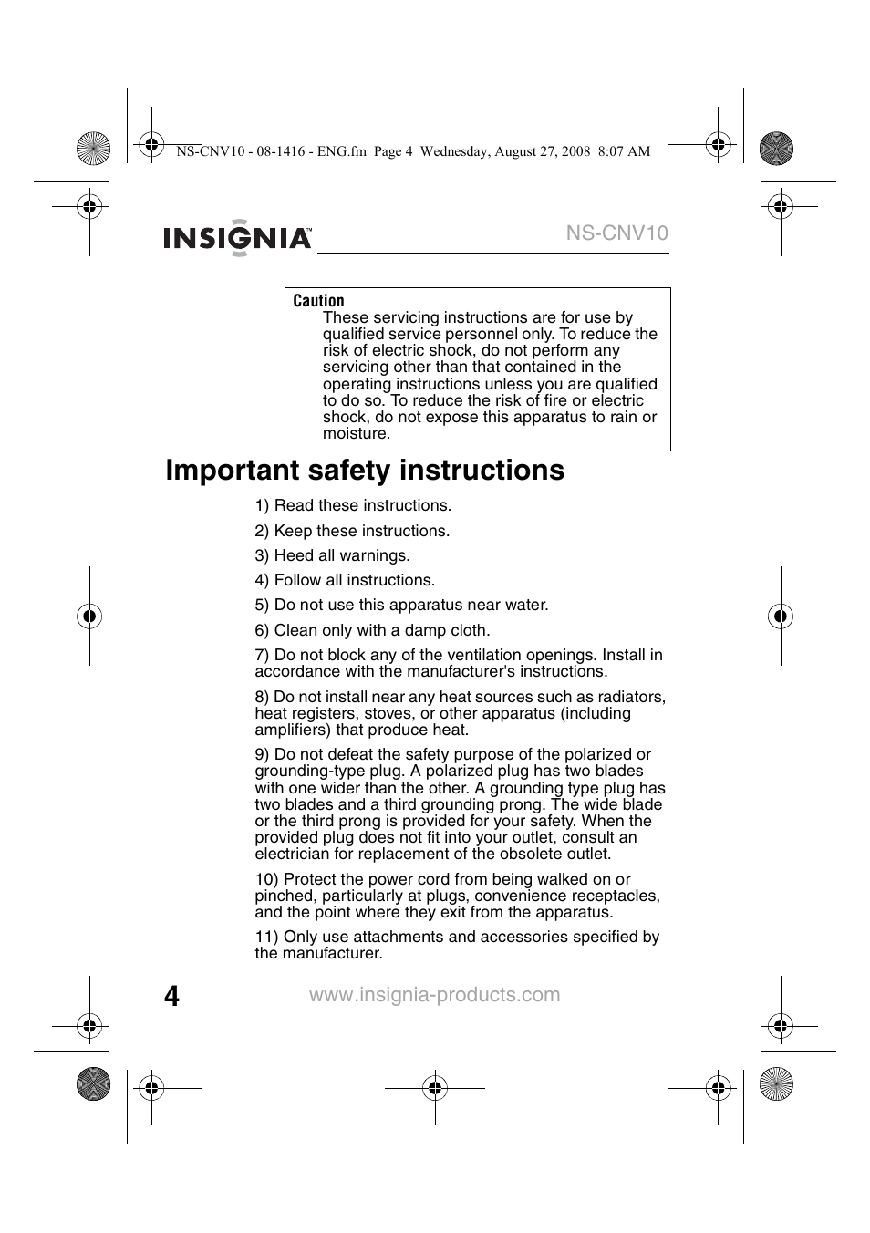 Important safety instructions | Insignia NS-CNV10 User Manual | Page 6 / 72