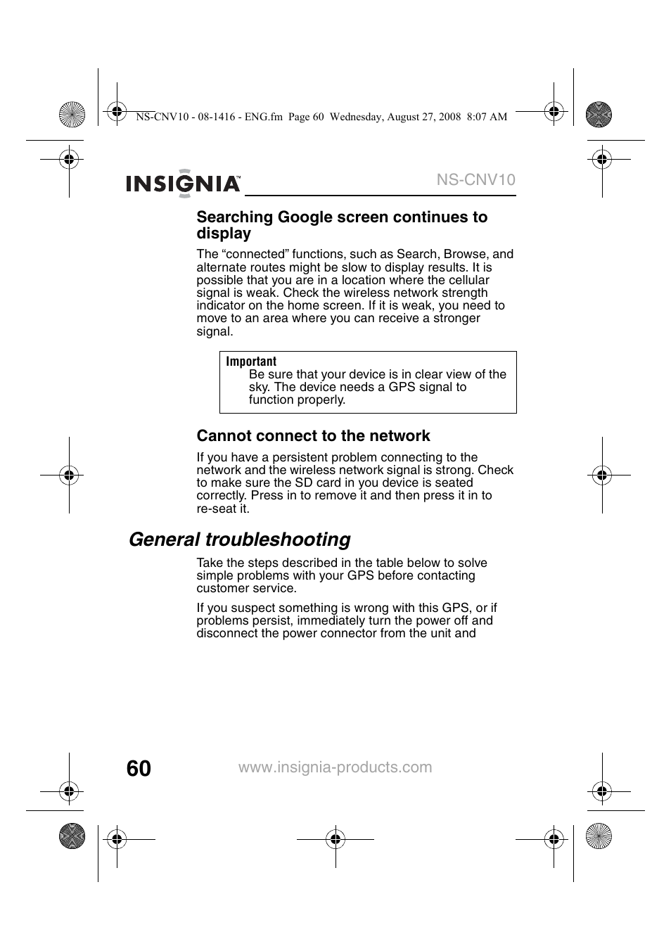 General troubleshooting | Insignia NS-CNV10 User Manual | Page 62 / 72