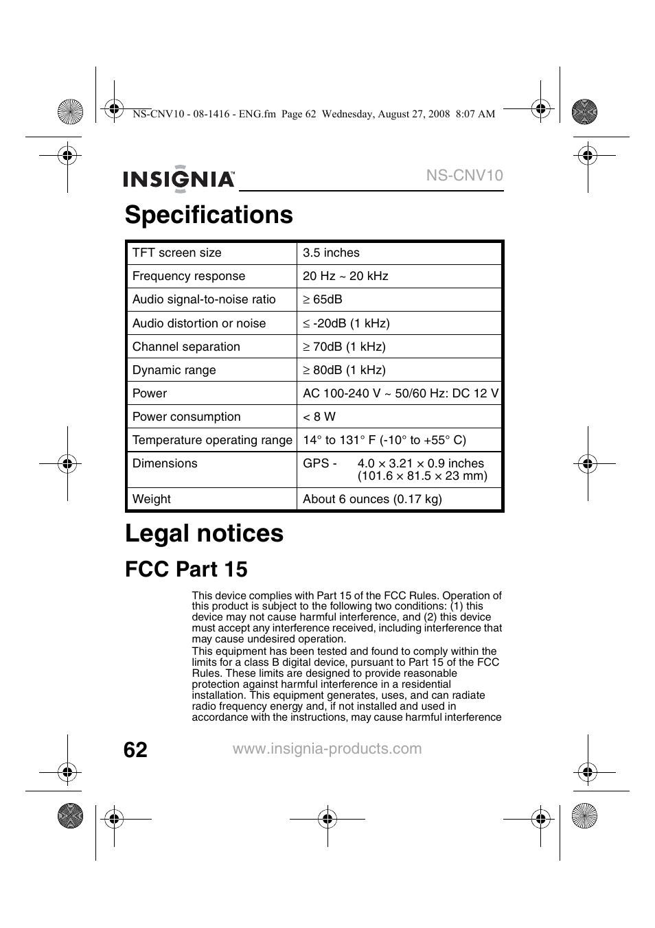 Specifications, Legal notices, Fcc part 15 | Specifications legal notices | Insignia NS-CNV10 User Manual | Page 64 / 72