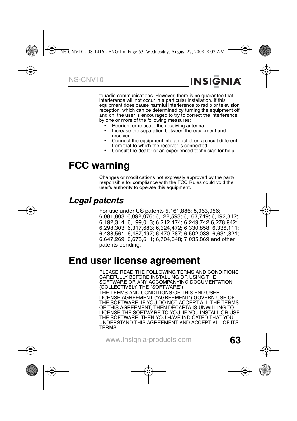 Fcc warning, Legal patents, End user license agreement | Insignia NS-CNV10 User Manual | Page 65 / 72