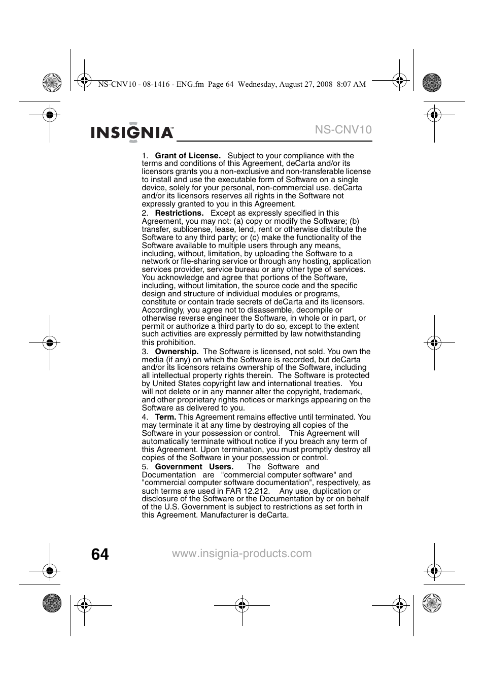 Insignia NS-CNV10 User Manual | Page 66 / 72