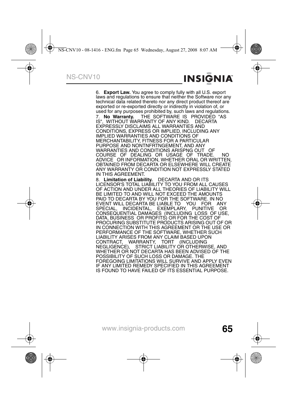 Insignia NS-CNV10 User Manual | Page 67 / 72