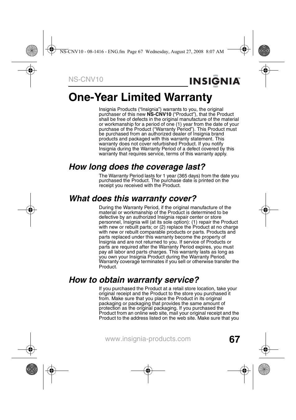 How long does the coverage last, What does this warranty cover, How to obtain warranty service | One-year limited warranty | Insignia NS-CNV10 User Manual | Page 69 / 72
